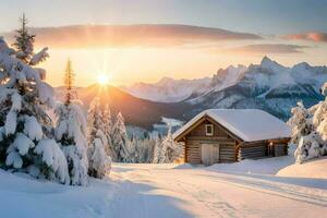 a cabin in the snow with trees and mountains in the background. AI-Generated photo