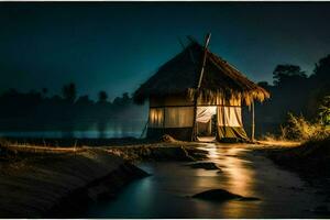 a hut sits on the shore of a river at night. AI-Generated photo