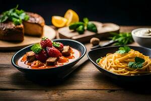 two bowls of spaghetti and meat with a slice of bread. AI-Generated photo