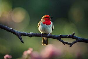 a red bird sitting on a branch. AI-Generated photo