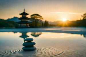 a stone stack sits in the water at sunset. AI-Generated photo