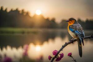 a bird sits on a branch near a lake at sunset. AI-Generated photo