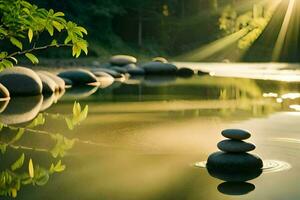 a stack of stones in the water with sunlight shining through. AI-Generated photo