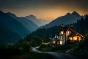 a house in the mountains at sunset. AI-Generated photo