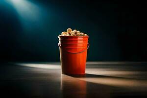 a red bucket filled with peanuts sitting on a table. AI-Generated photo