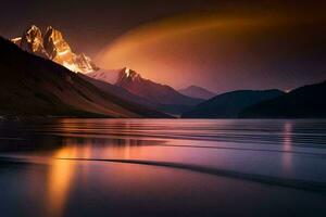un montaña rango es reflejado en el agua a noche. generado por ai foto