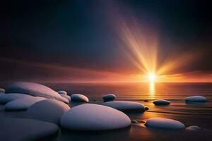 the sun is shining over a body of water and some rocks. AI-Generated photo