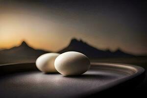 two eggs on a plate with mountains in the background. AI-Generated photo