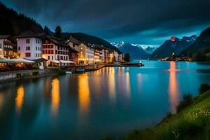 photo wallpaper the sky, mountains, lake, town, mountains, water, the night, the. AI-Generated