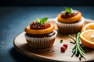 two cupcakes with oranges and herbs on a wooden plate. AI-Generated photo