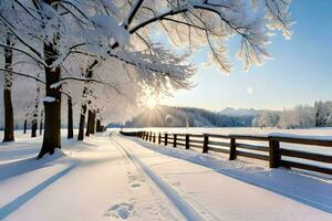 a snowy field with a fence and trees. AI-Generated photo