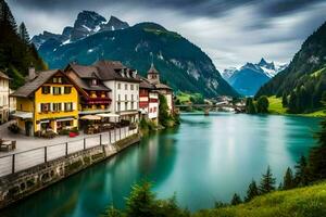 a river runs through a town in the mountains. AI-Generated photo