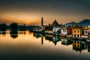 el puesta de sol terminado el río en udaipur, India. generado por ai foto