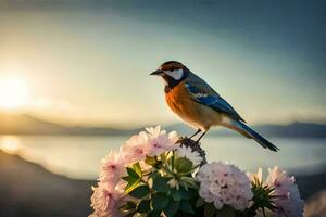 un pájaro encaramado en un flor en frente de el puesta de sol. generado por ai foto