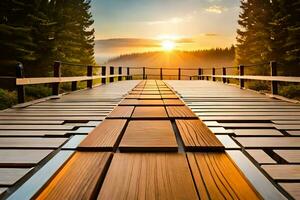 a wooden bridge with a sunset in the background. AI-Generated photo