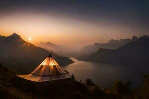 a teepee sits on the edge of a mountain overlooking a lake. AI-Generated photo