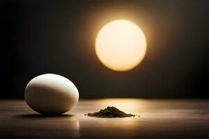 an egg and a pile of dirt on a table. AI-Generated photo