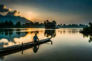 a man is sitting on a boat in the middle of a lake at sunset. AI-Generated photo