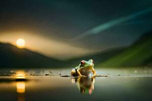a frog sitting on the water at night. AI-Generated photo