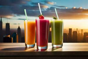 three drinks with straws on a table in front of a city skyline. AI-Generated photo