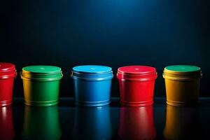 a row of colorful plastic buckets on a dark background. AI-Generated photo