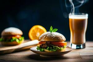 two hamburgers sit on a wooden table next to a glass of beer. AI-Generated photo