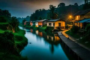 un río en el medio de un pueblo a noche. generado por ai foto