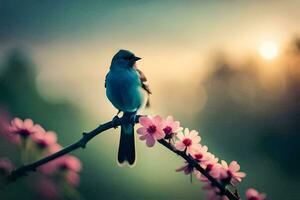 un azul pájaro se sienta en un rama con rosado flores generado por ai foto