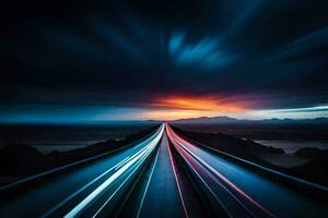 un largo exposición fotografía de un autopista con ligero caminos. generado por ai foto