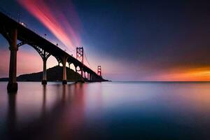 el dorado portón puente a puesta de sol. generado por ai foto