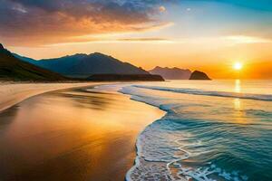 the sun sets over the ocean and mountains in this beautiful photo. AI-Generated photo