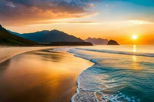 el Dom conjuntos terminado el Oceano y montañas en esta hermosa foto. generado por ai foto