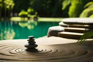 un Roca circulo se sienta en frente de un piscina. generado por ai foto