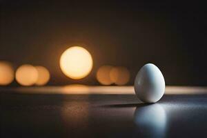 an egg on a table with a light behind it. AI-Generated photo