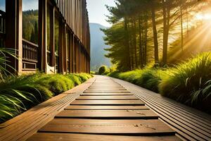 a wooden walkway leads to a building with the sun shining. AI-Generated photo