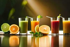 five different types of juices in glasses. AI-Generated photo