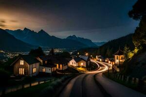 un largo exposición foto de un pueblo a noche. generado por ai