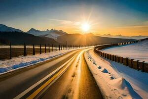 a road in the snow with the sun setting behind it. AI-Generated photo