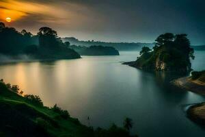 el Dom sube terminado un lago en el montañas. generado por ai foto