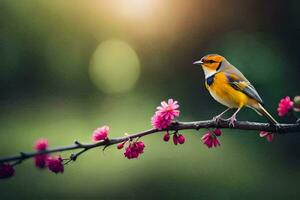 a bird sits on a branch with pink flowers. AI-Generated photo