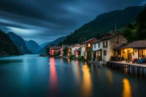 photo wallpaper the sky, mountains, lake, houses, the dark, the lake, the mountains. AI-Generated