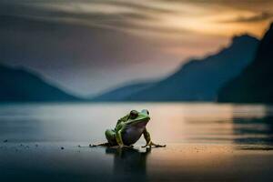 a frog sitting on the shore of a lake at sunset. AI-Generated photo