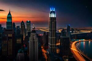 el ciudad horizonte a oscuridad con un azul cielo. generado por ai foto