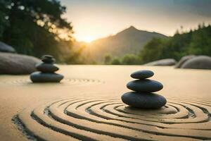 stones stacked on top of each other in a sand pit. AI-Generated photo