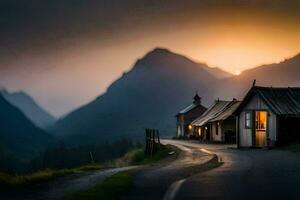 a road in the mountains with a house in the background. AI-Generated photo