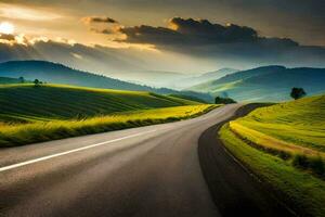 el la carretera a el puesta de sol. generado por ai foto