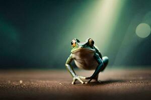 a frog is standing on the ground with a bright light behind it. AI-Generated photo