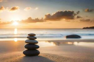 stack of stones on the beach at sunset. AI-Generated photo