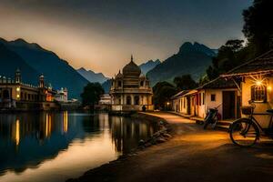a view of a lake and buildings at dusk. AI-Generated photo