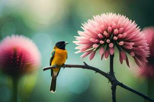 un pájaro es encaramado en un rosado flor. generado por ai foto